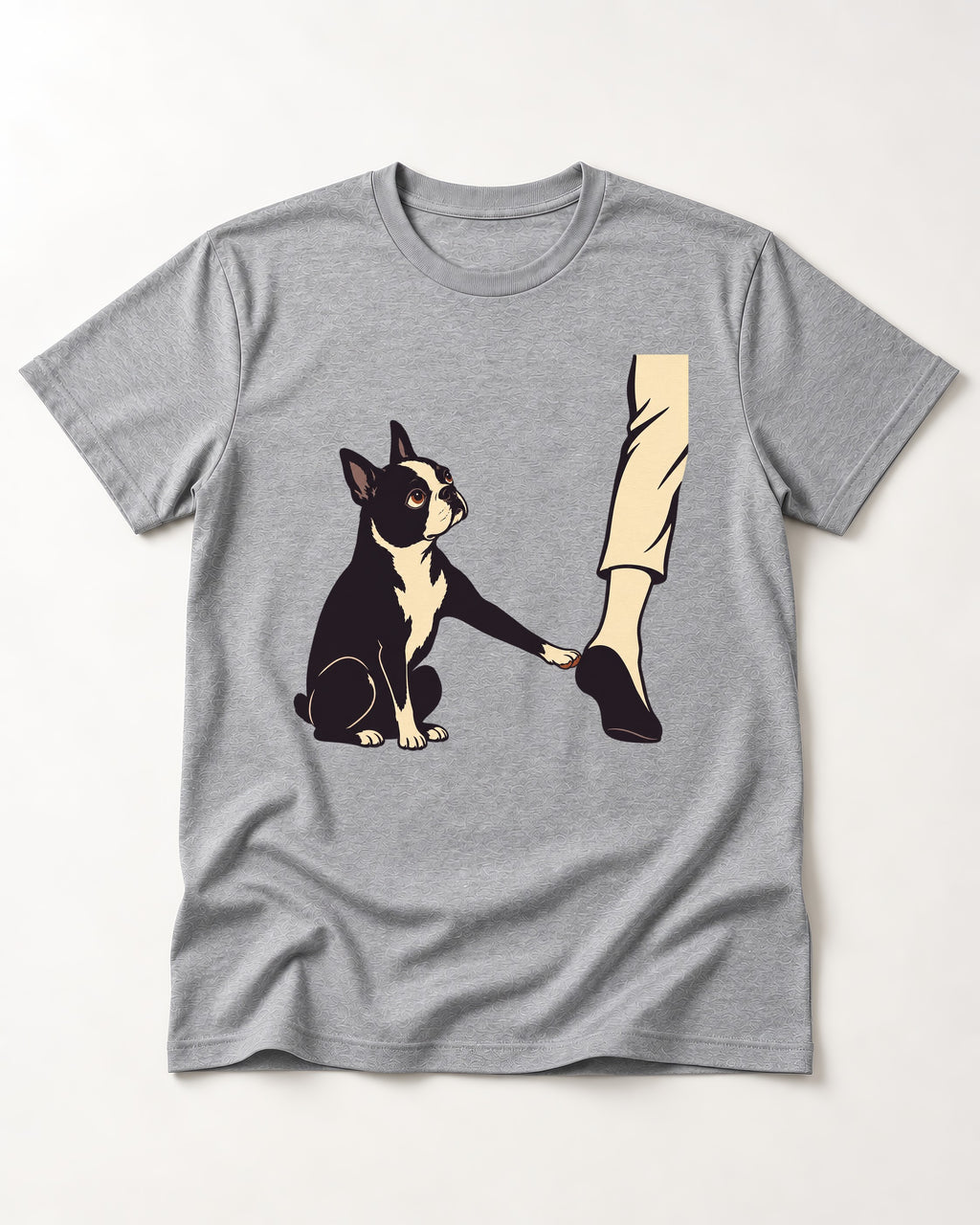 Boston Terrier Stay with Me T-Shirt in Sport Grey, flat lay product photo