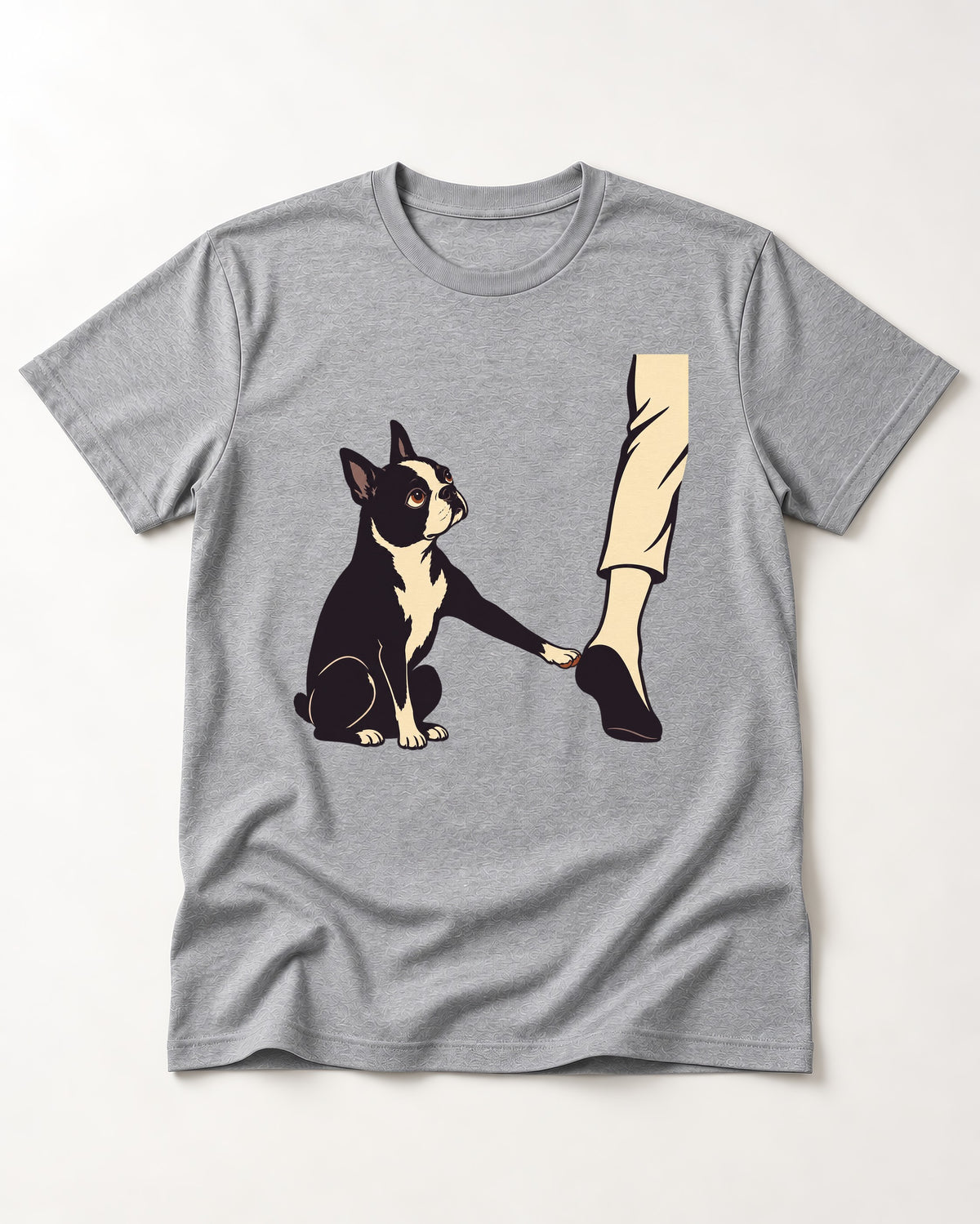Boston Terrier Stay with Me T-Shirt in Sport Grey, flat lay product photo