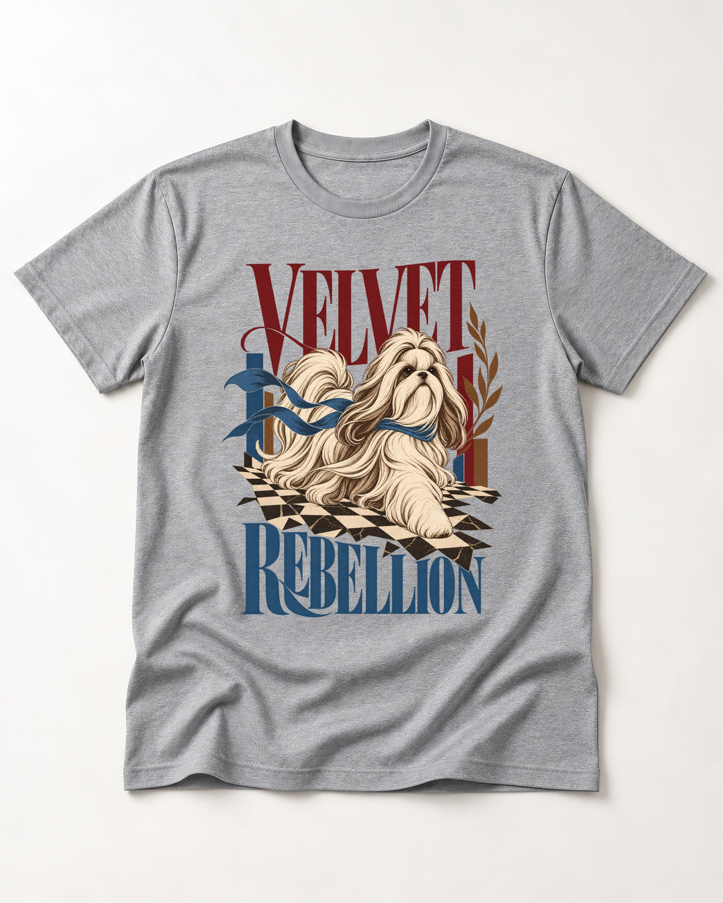 Shih Tzu Velvet Rebellion Checkerboard Graphic T-Shirt in Sport Grey, flat lay product photo