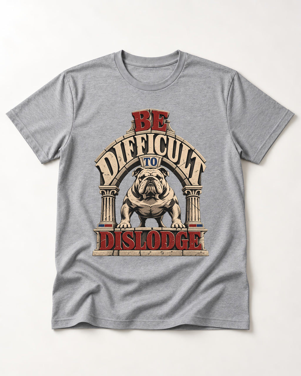 English Bulldog Be Difficult to Dislodge Stone Arch Graphic T-Shirt in Sport Grey, flat lay product photo