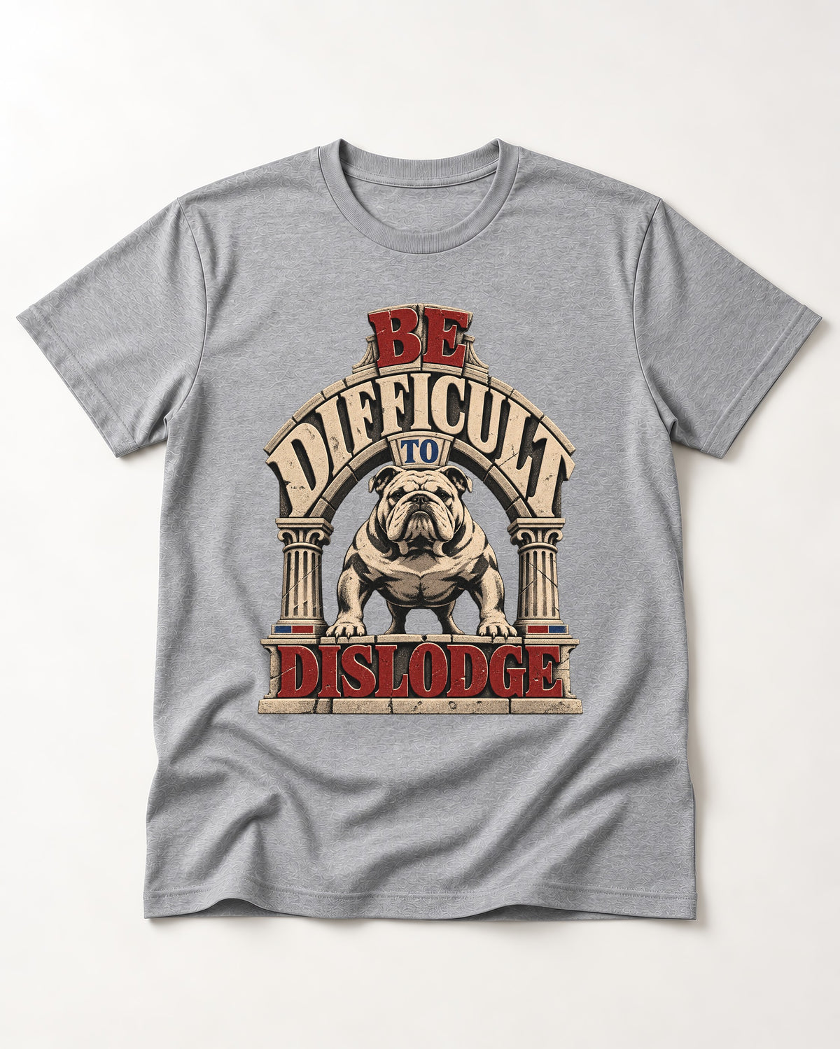 English Bulldog Be Difficult to Dislodge Stone Arch Graphic T-Shirt in Sport Grey, flat lay product photo