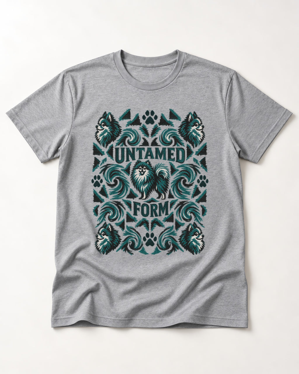 Pomeranian Untamed Form T-Shirt in Sport Grey, flat lay product photo