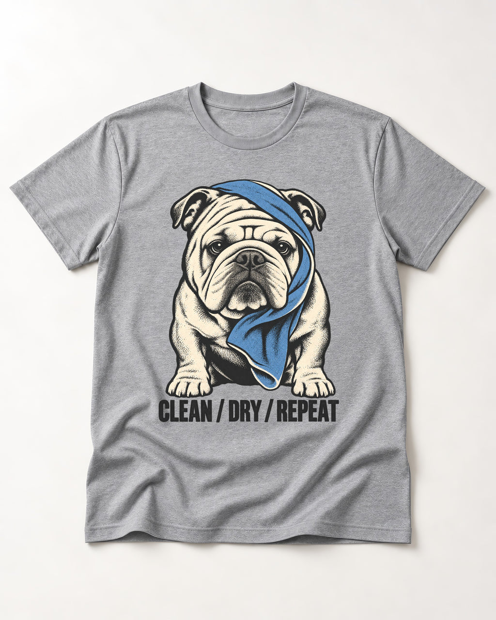 Clean Dry Repeat English Bulldog T-Shirt in Sport Grey, flat lay product photo
