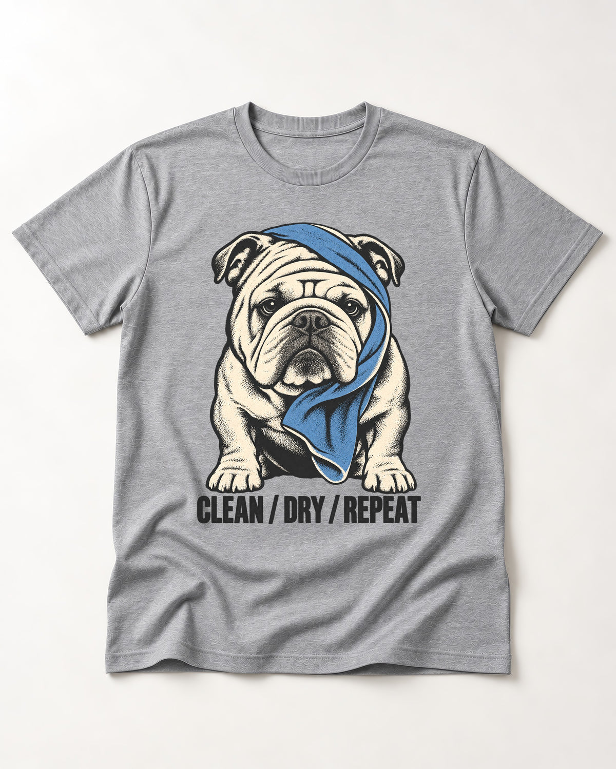 Clean Dry Repeat English Bulldog T-Shirt in Sport Grey, flat lay product photo