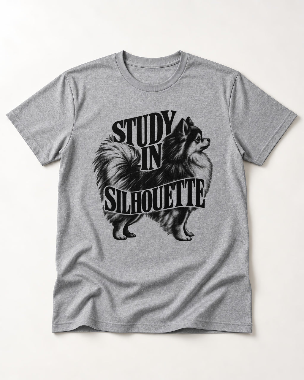 Pomeranian Study in Silhouette T-Shirt in Sport Grey, flat lay product photo