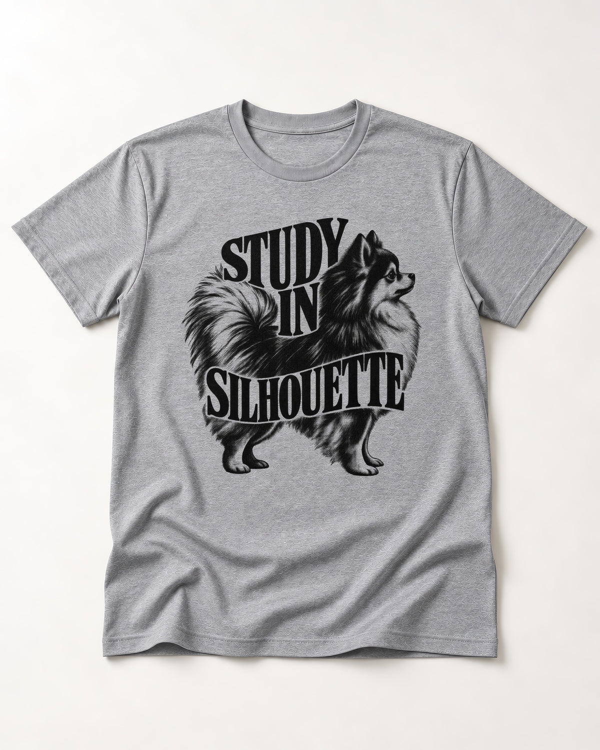 Pomeranian Study in Silhouette T-Shirt in Sport Grey, flat lay product photo