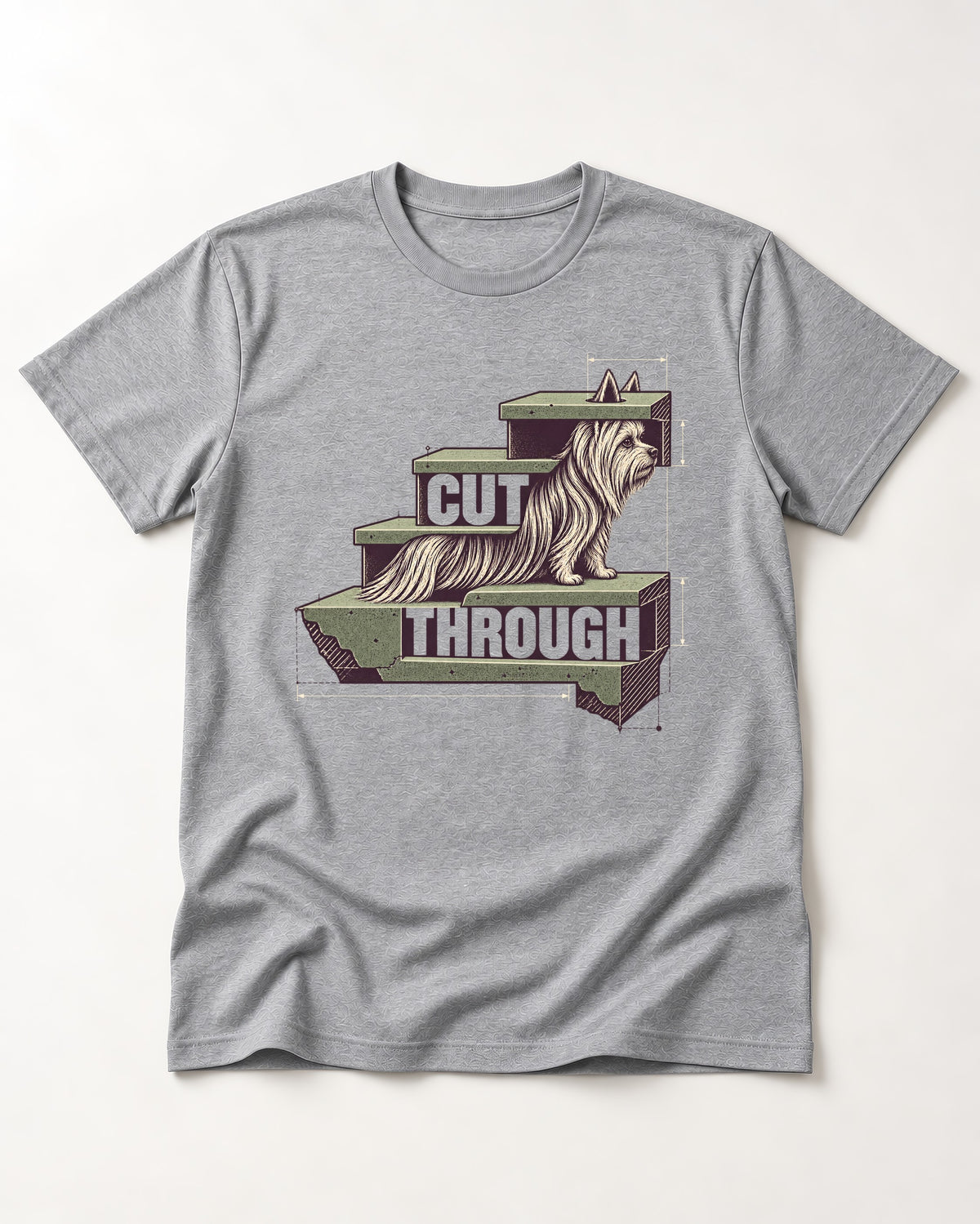 Yorkshire Terrier Cut Through T-Shirt in Sport Grey, flat lay product photo
