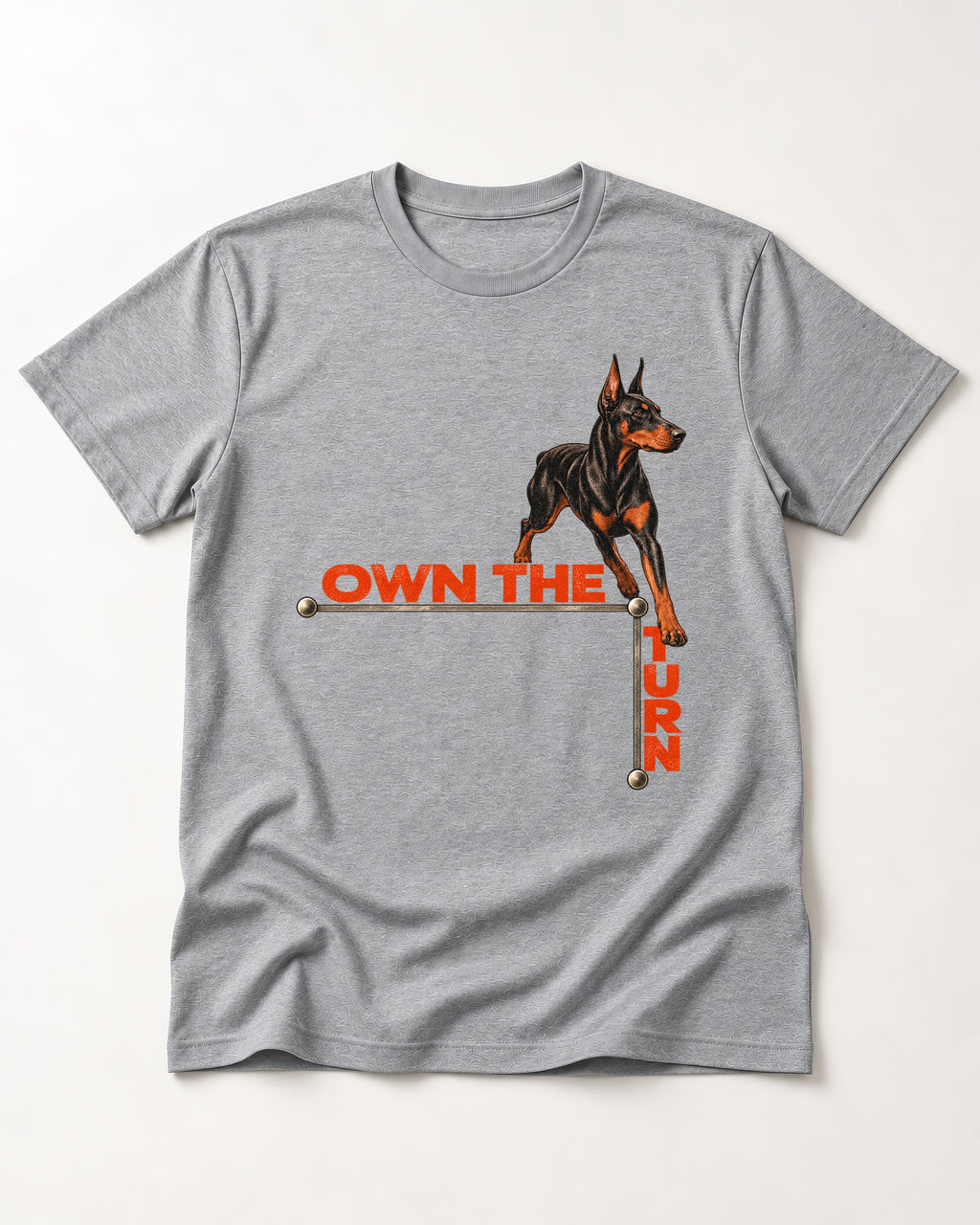 Own the Turn Doberman T-Shirt in Sport Grey, flat lay product photo