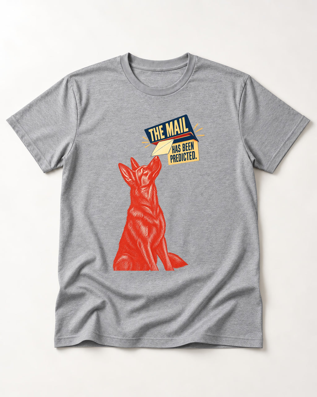 German Shepherd Dog Mail Predicted Graphic T-Shirt in Sport Grey, flat lay product photo