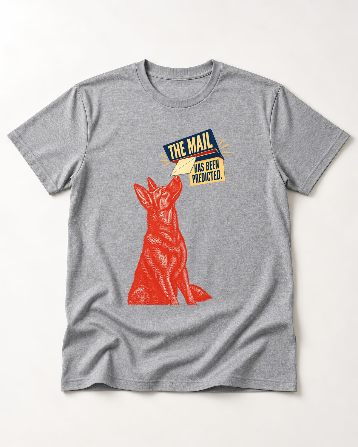 German Shepherd Dog Mail Predicted Graphic T-Shirt in Sport Grey, flat lay product photo
