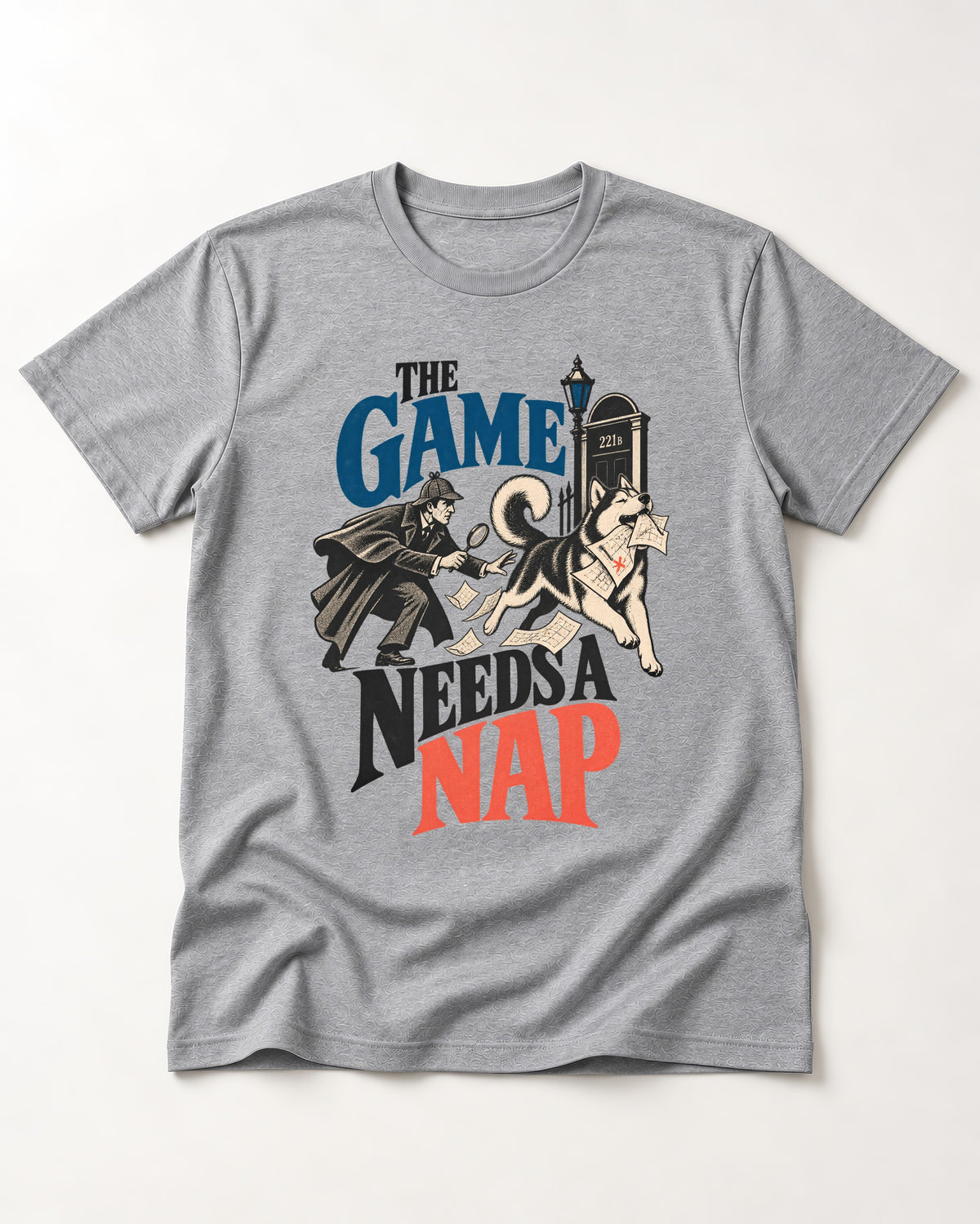 Husky Needs a Nap T-Shirt in Sport Grey, flat lay product photo