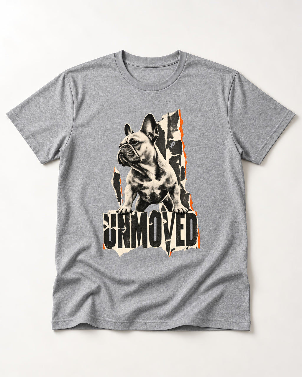 Frenchie Unmoved Torn Poster Graphic T-Shirt in Sport Grey, flat lay product photo