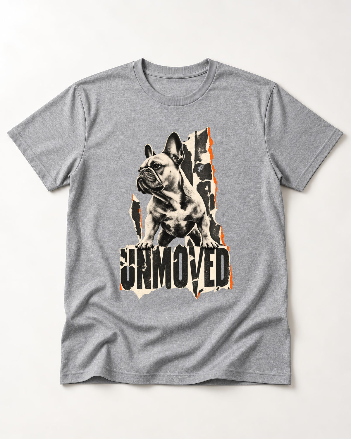 Frenchie Unmoved Torn Poster Graphic T-Shirt in Sport Grey, flat lay product photo