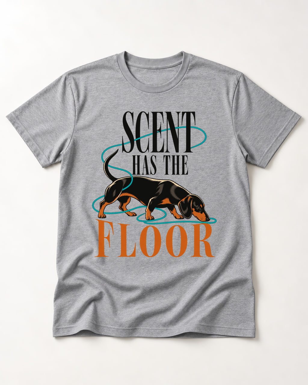 Dachshund Scent Has the Floor T-Shirt in Sport Grey, flat lay product photo
