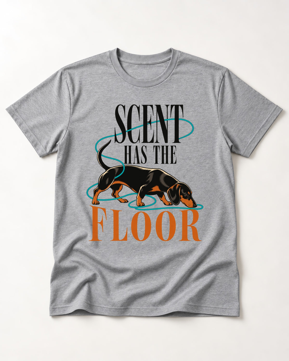 Dachshund Scent Has the Floor T-Shirt in Sport Grey, flat lay product photo