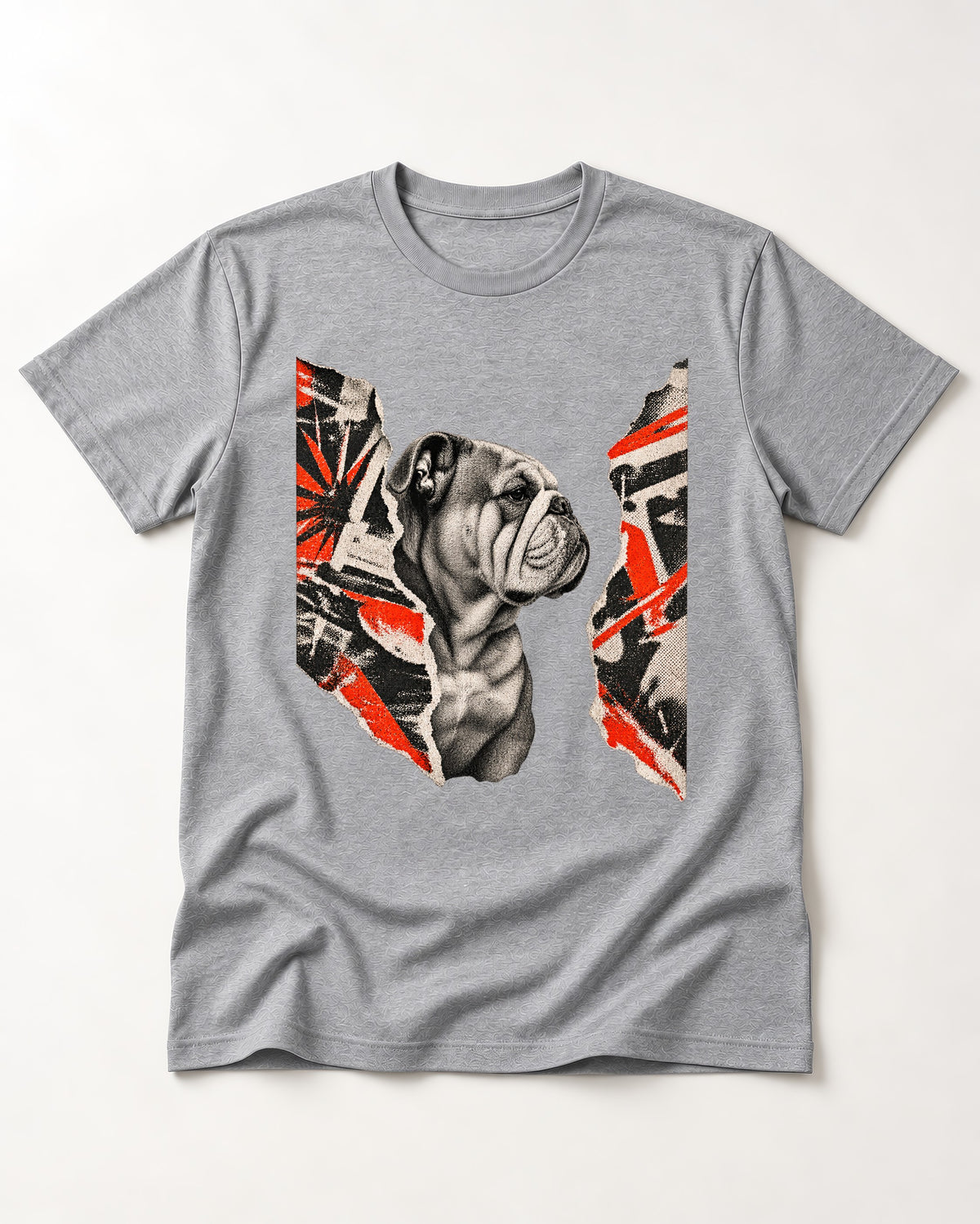 English Bulldog Unbowed T-Shirt in Sport Grey, flat lay product photo
