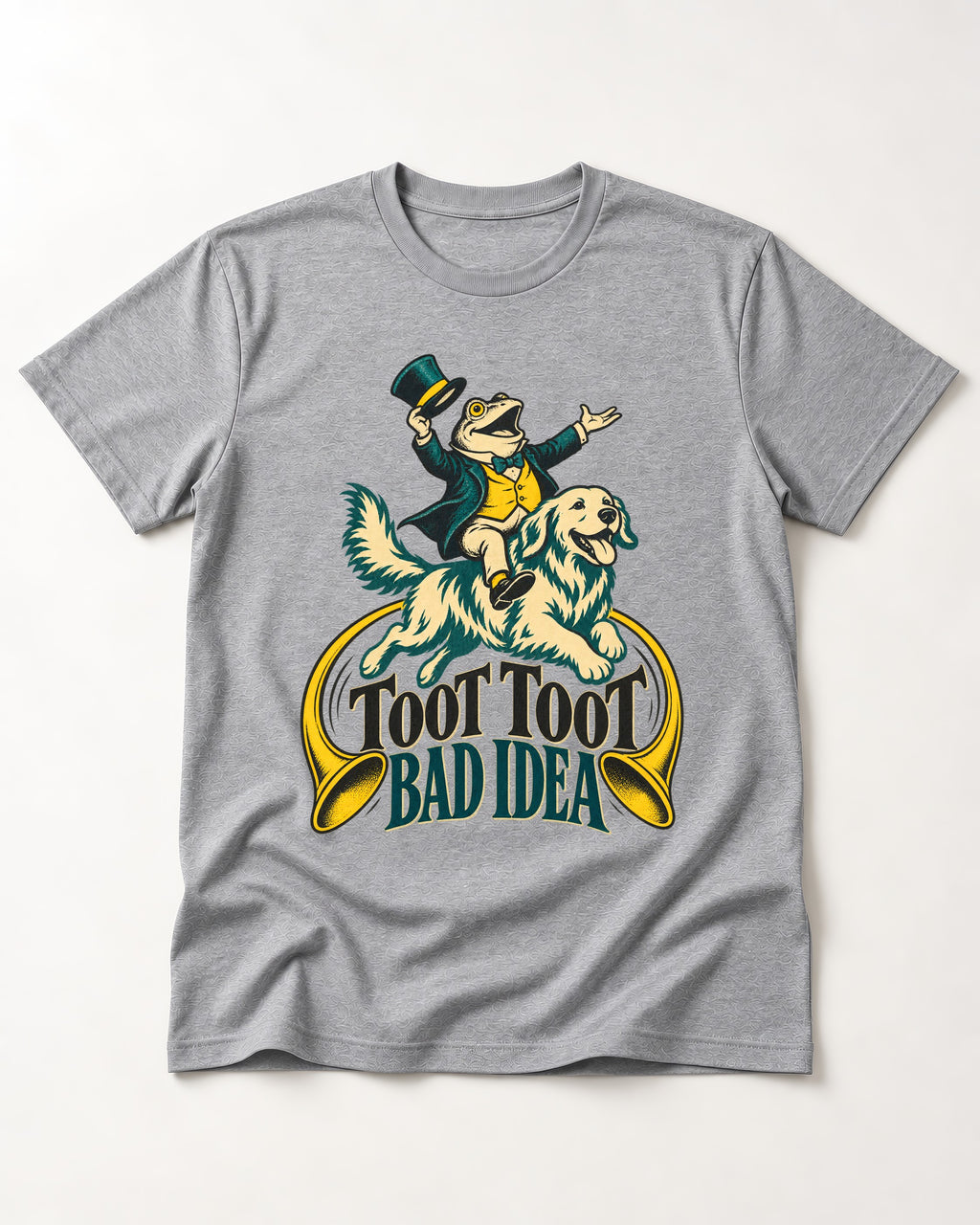 Golden Retriever Toot Toot Bad Idea T-Shirt in Sport Grey, flat lay product photo