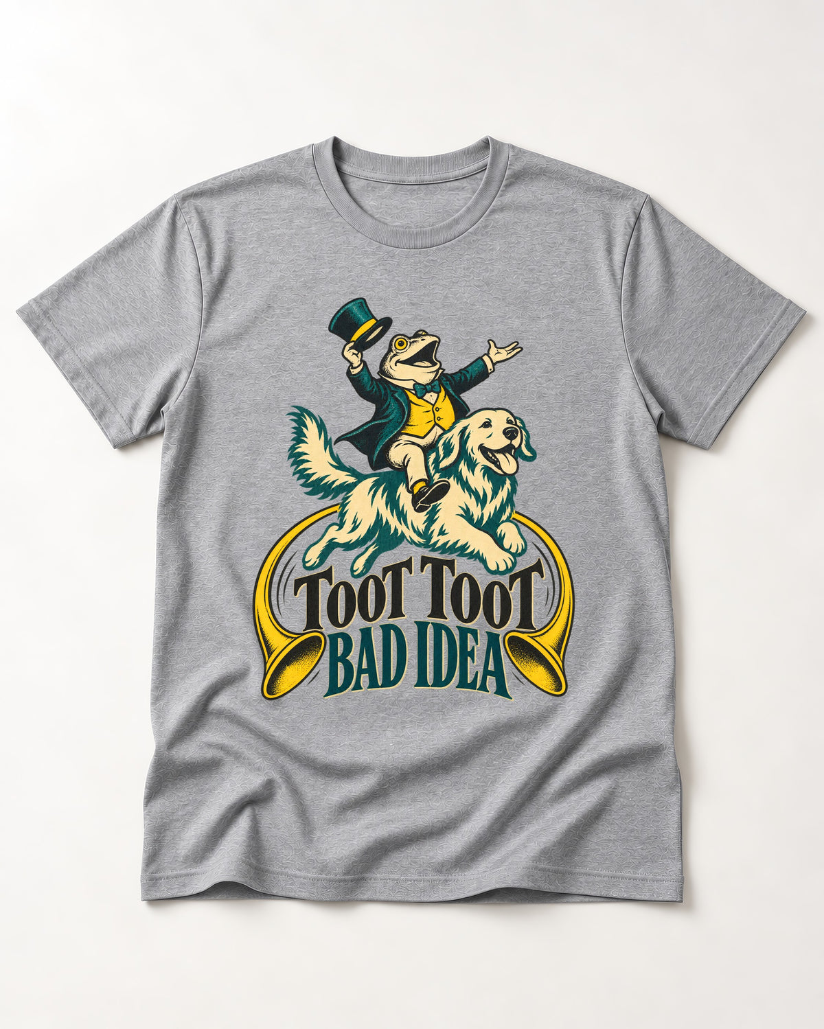 Golden Retriever Toot Toot Bad Idea T-Shirt in Sport Grey, flat lay product photo