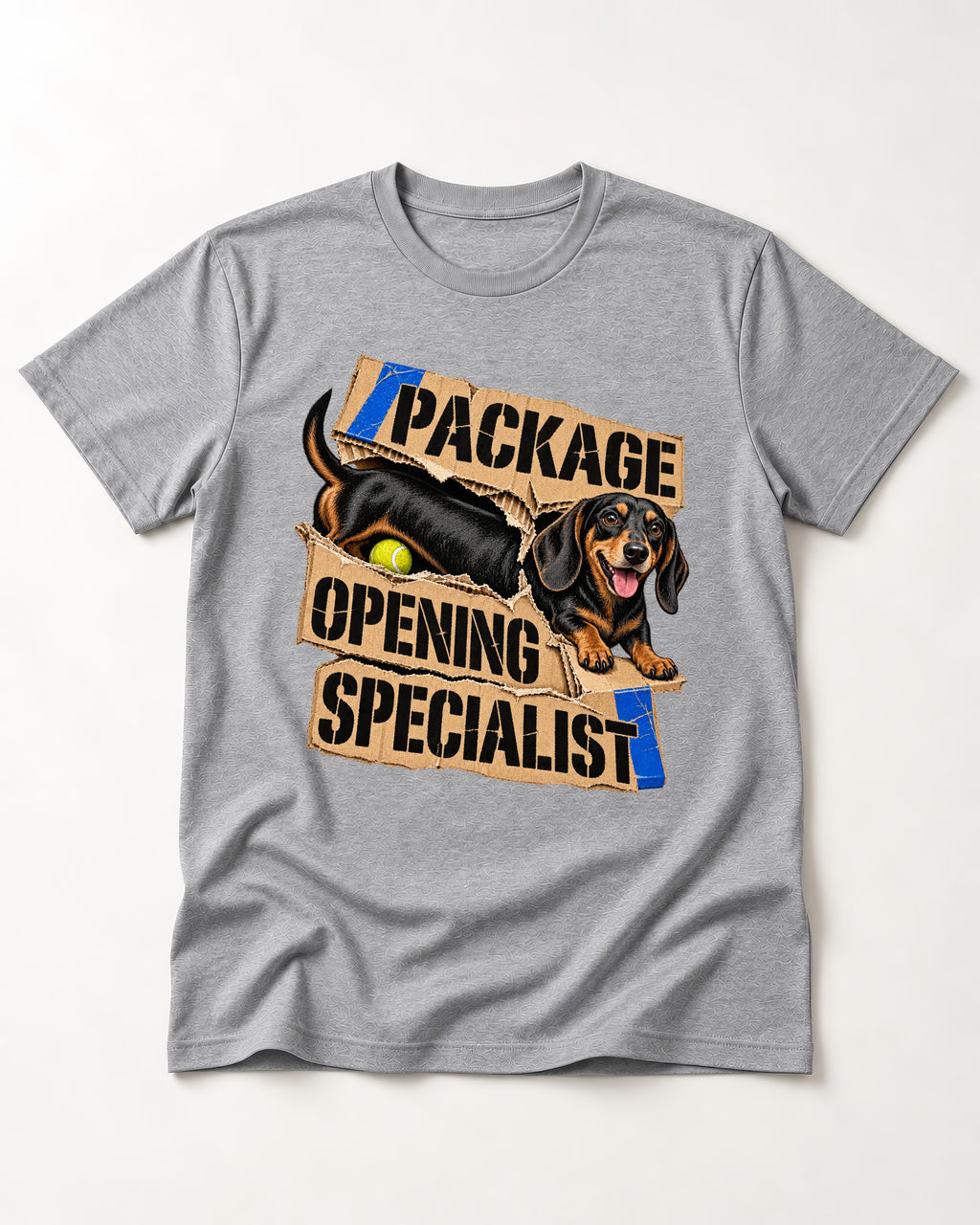 Dachshund Package Opening Specialist T-Shirt in Sport Grey, flat lay product photo