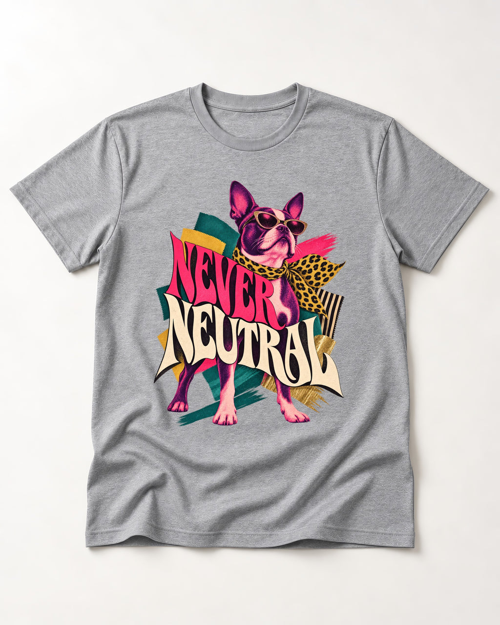 Boston Terrier Never Neutral Fashion Collage Graphic T-Shirt in Sport Grey, flat lay product photo