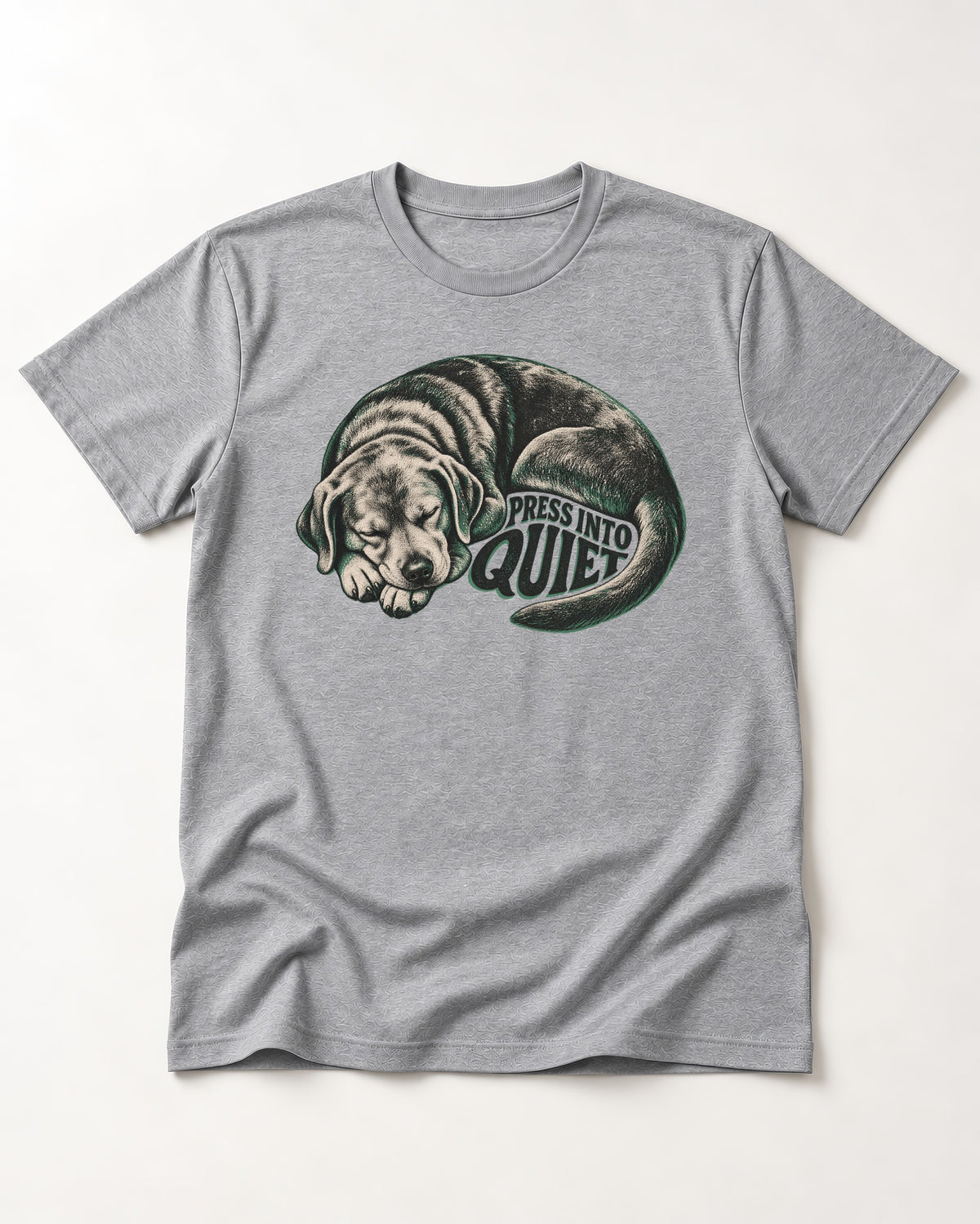 Labrador Retriever Press Into Quiet T-Shirt in Sport Grey, flat lay product photo