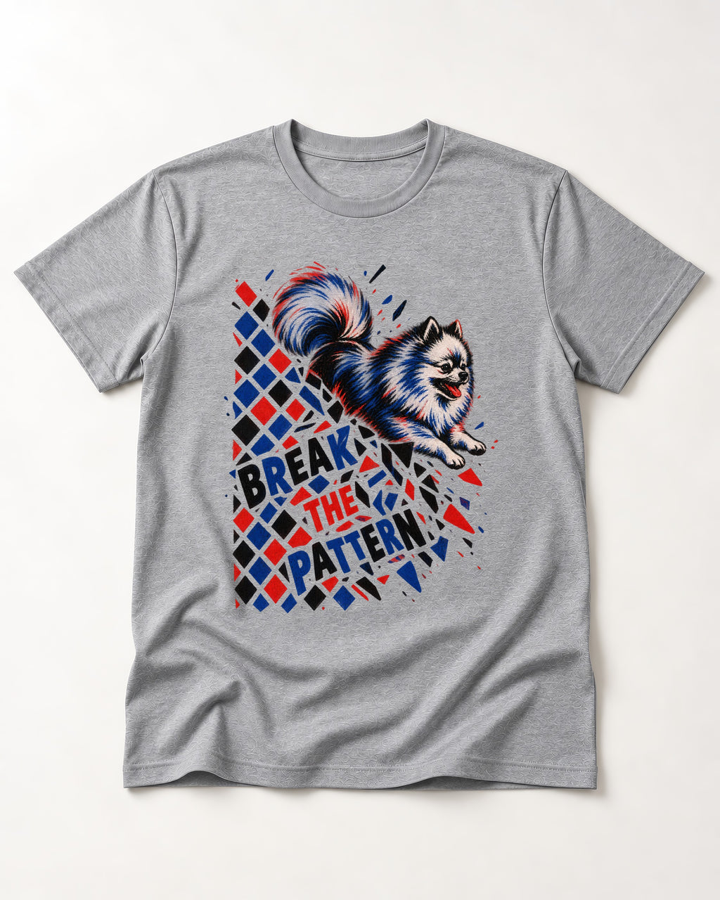 Pomeranian Break the Pattern T-Shirt in Sport Grey, flat lay product photo