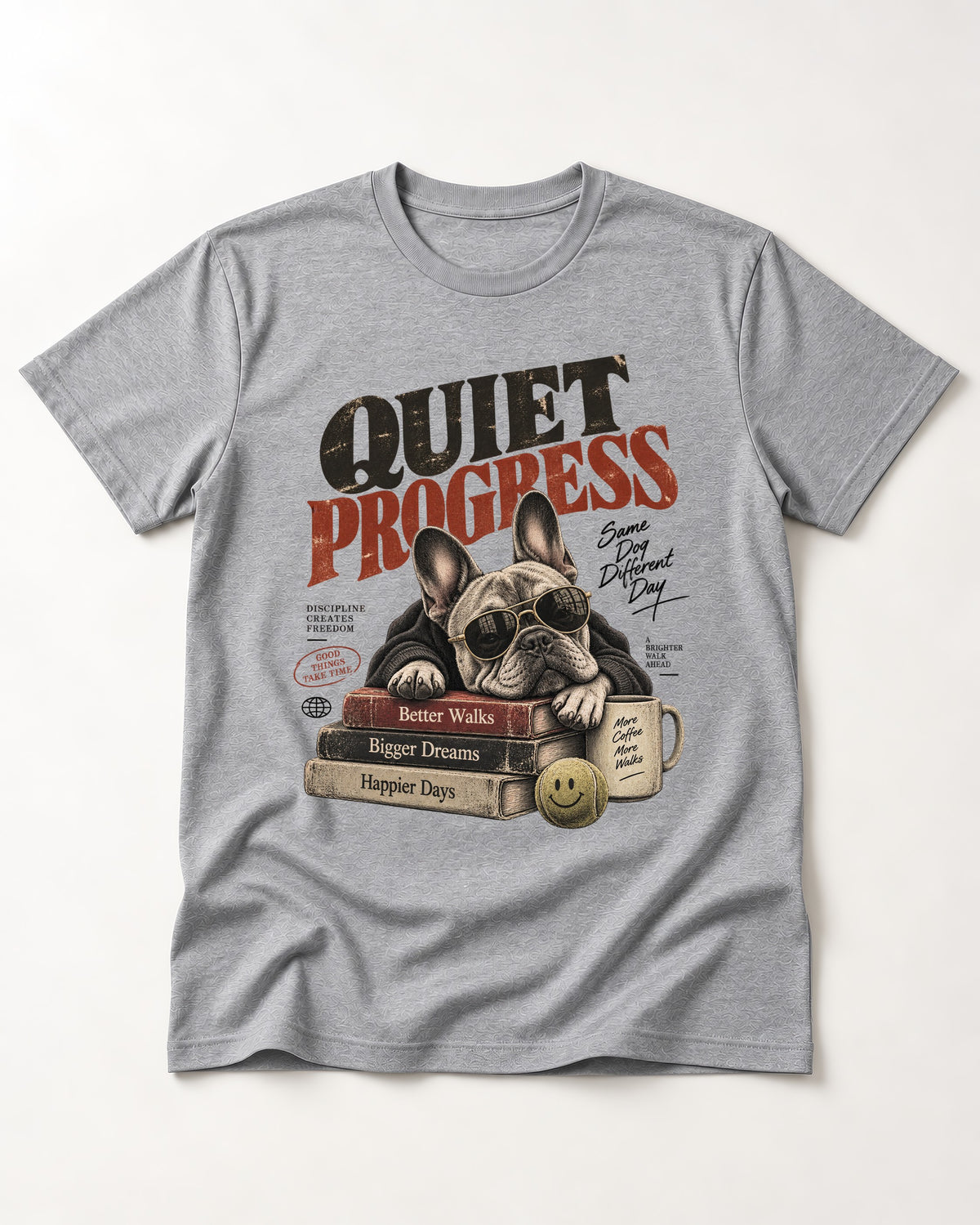 Quiet Progress Frenchie T-Shirt in Sport Grey, flat lay product photo