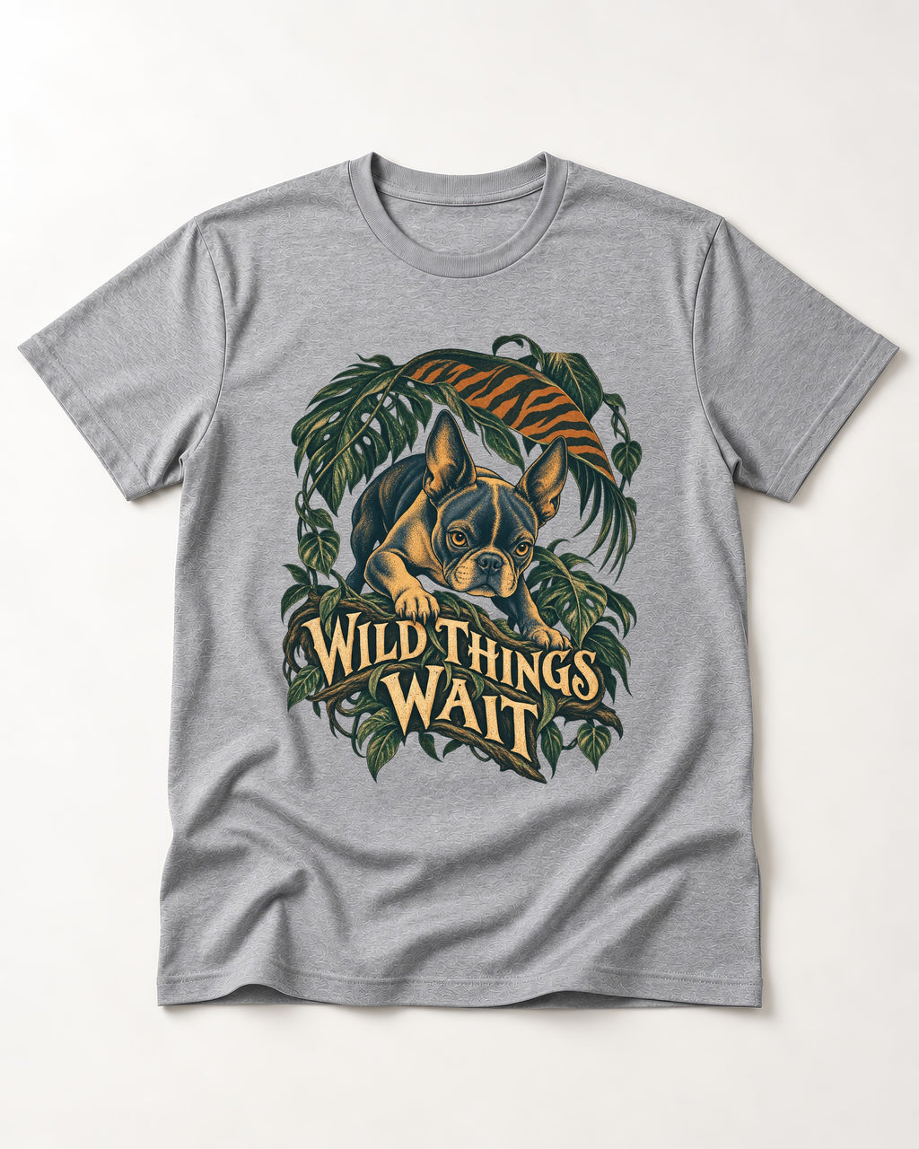 Boston Terrier Wild Things Wait T-Shirt in Sport Grey, flat lay product photo