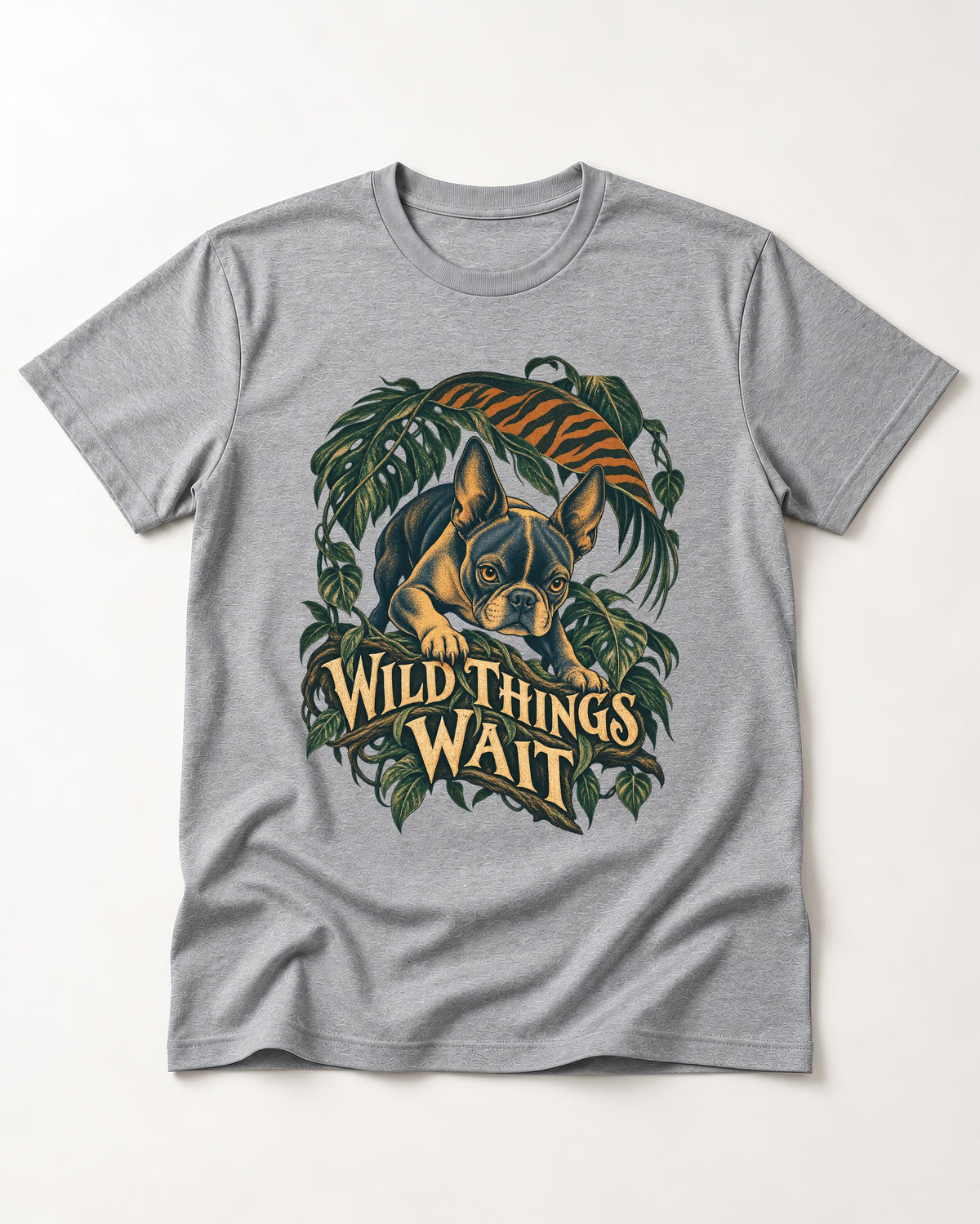 Boston Terrier Wild Things Wait T-Shirt in Sport Grey, flat lay product photo
