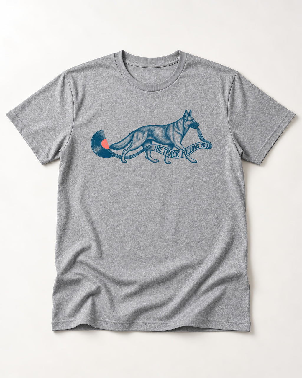 German Shepherd Dog The Track Follows You T-Shirt in Sport Grey, flat lay product photo