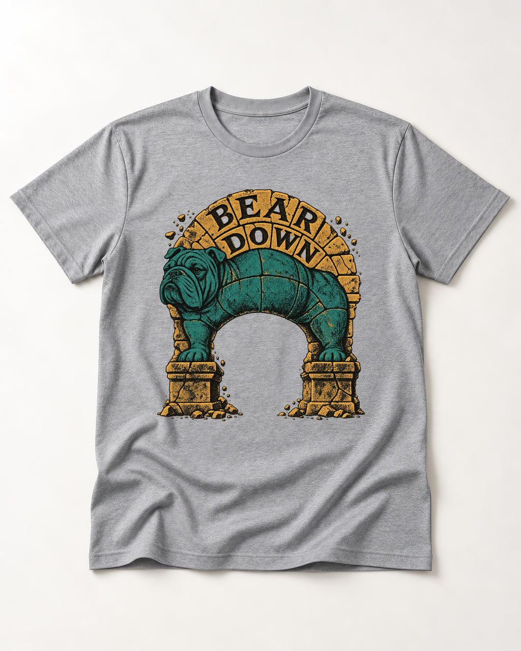 English Bulldog Bear Down Stone Arch Graphic T-Shirt in Sport Grey, flat lay product photo