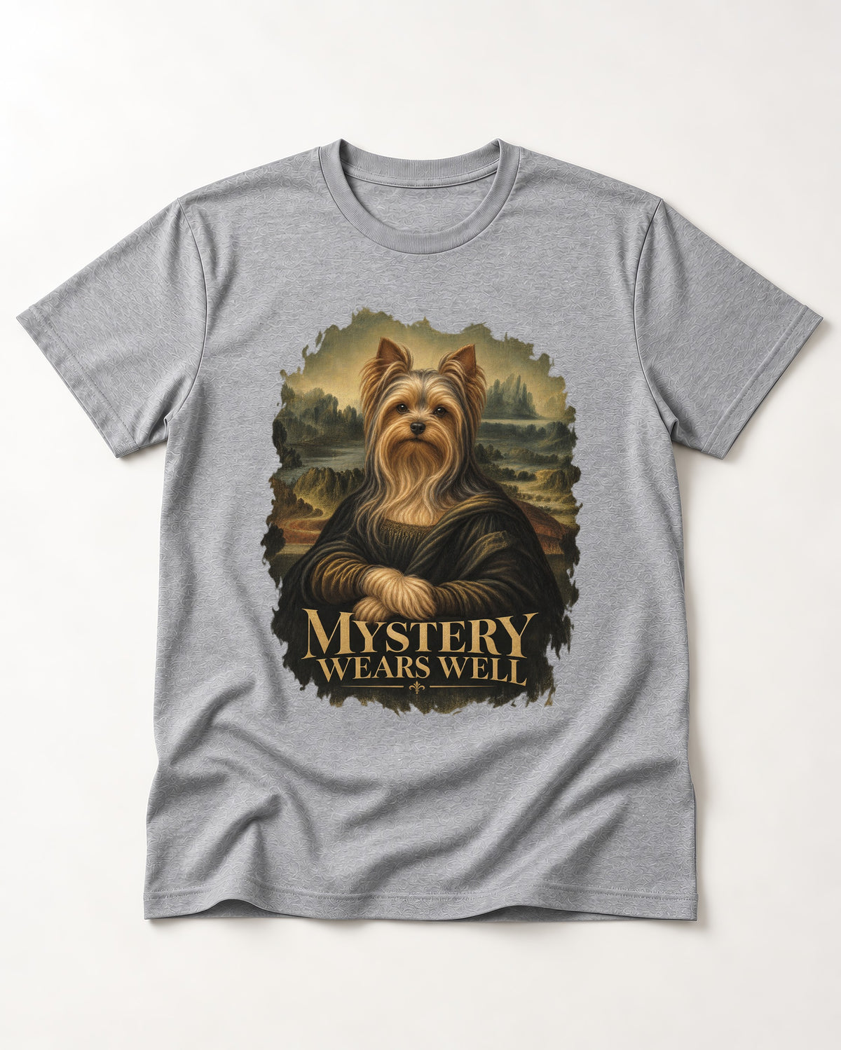 Yorkshire Terrier Mystery Wears Well Mona Lisa Portrait Graphic T-Shirt in Sport Grey, flat lay product photo