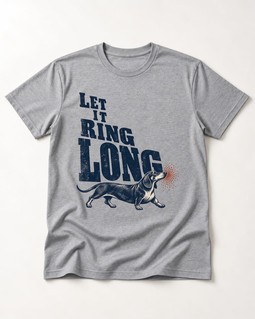 Let It Ring Long Dachshund T-Shirt in Sport Grey, flat lay product photo