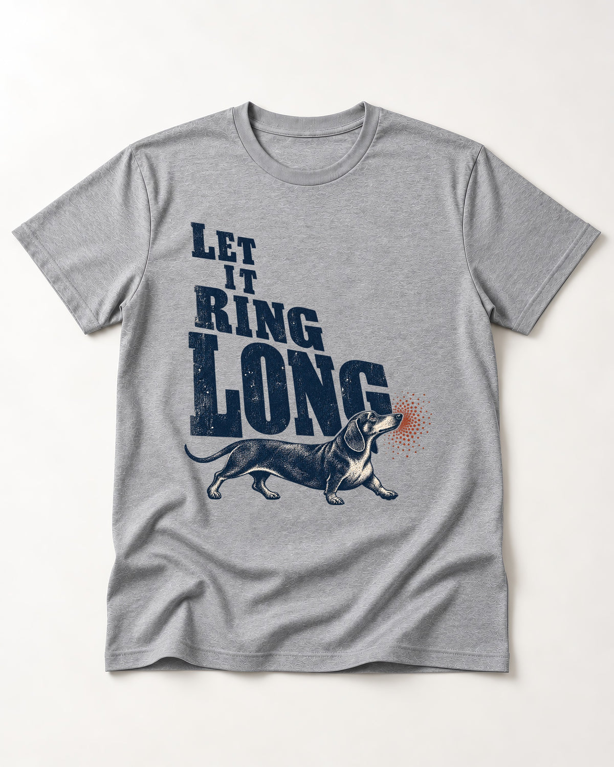Let It Ring Long Dachshund T-Shirt in Sport Grey, flat lay product photo