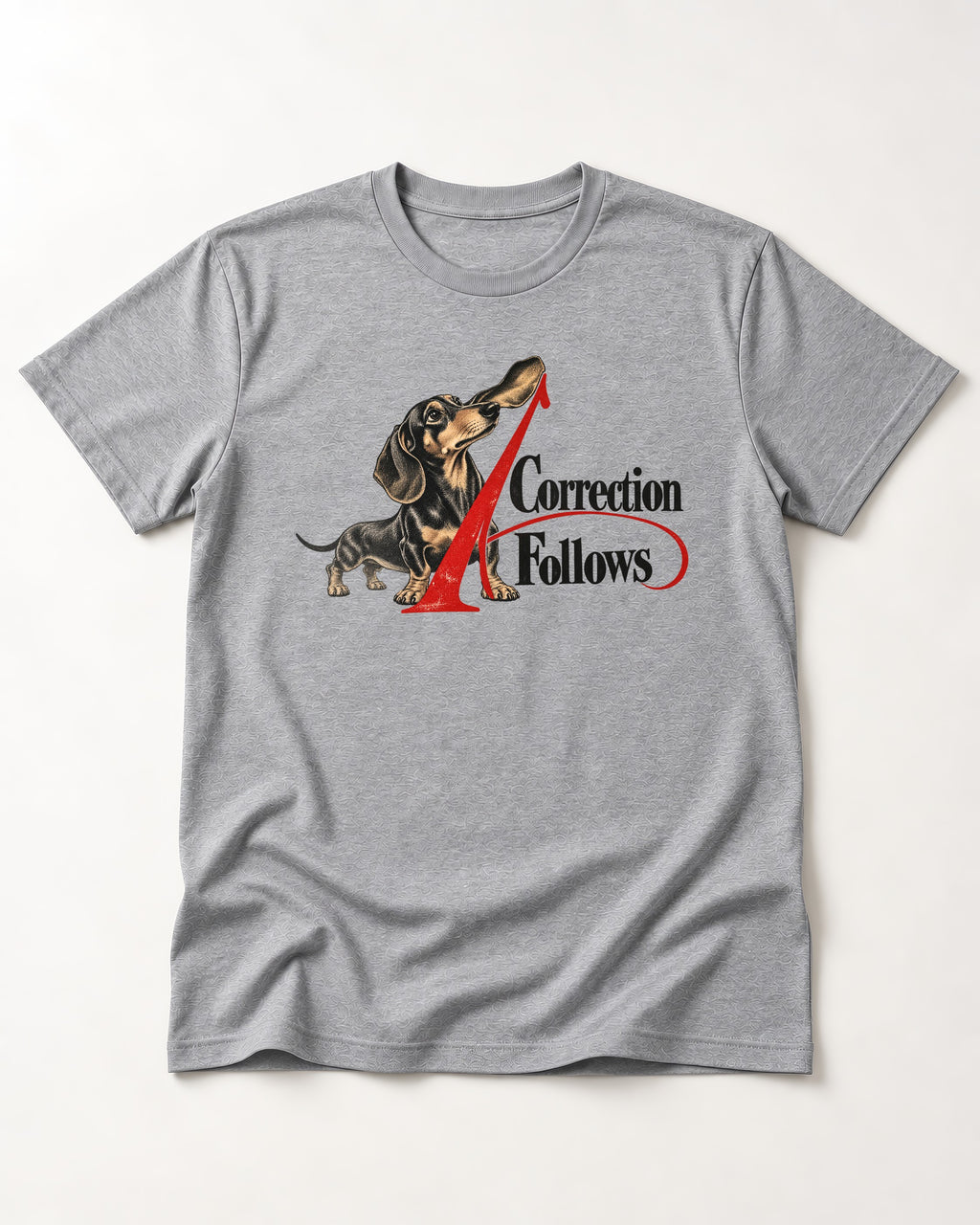 A Dachshund Correction Follows T-Shirt in Sport Grey, flat lay product photo