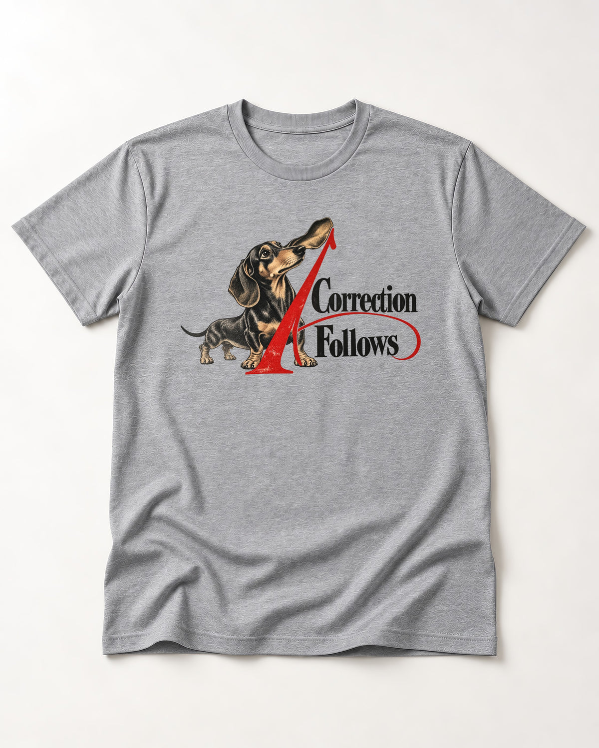 A Dachshund Correction Follows T-Shirt in Sport Grey, flat lay product photo