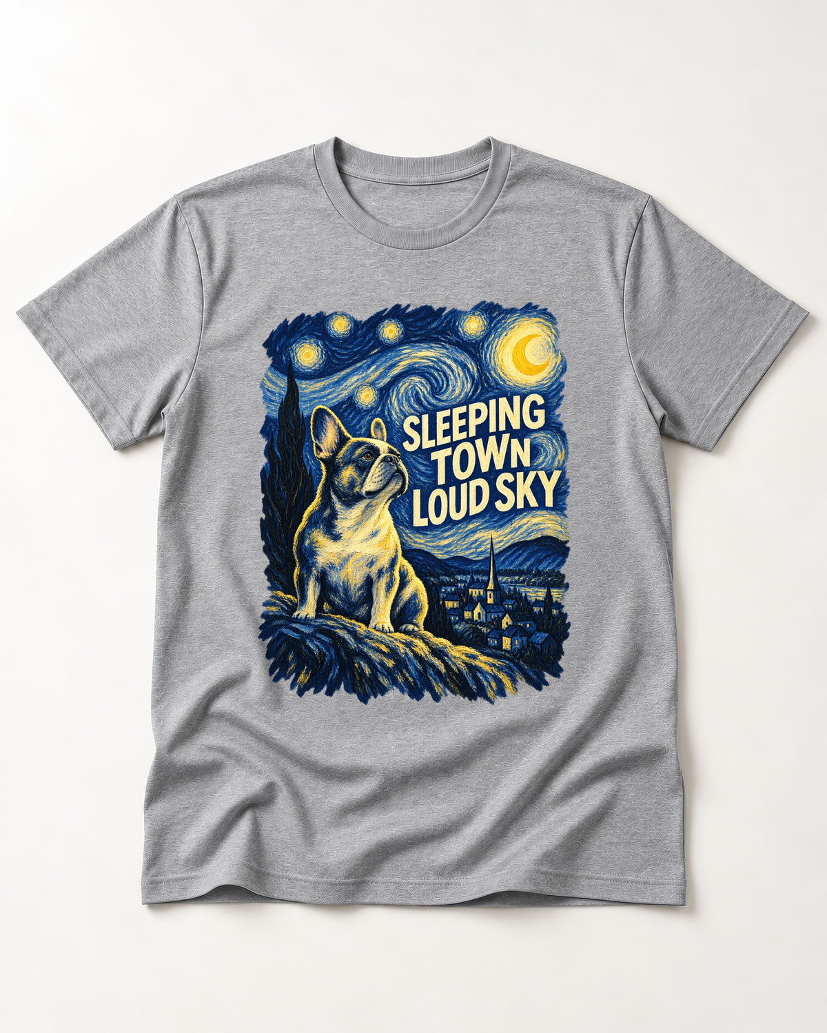 Frenchie Sleeping Town Loud Sky Graphic T-Shirt in Sport Grey, flat lay product photo