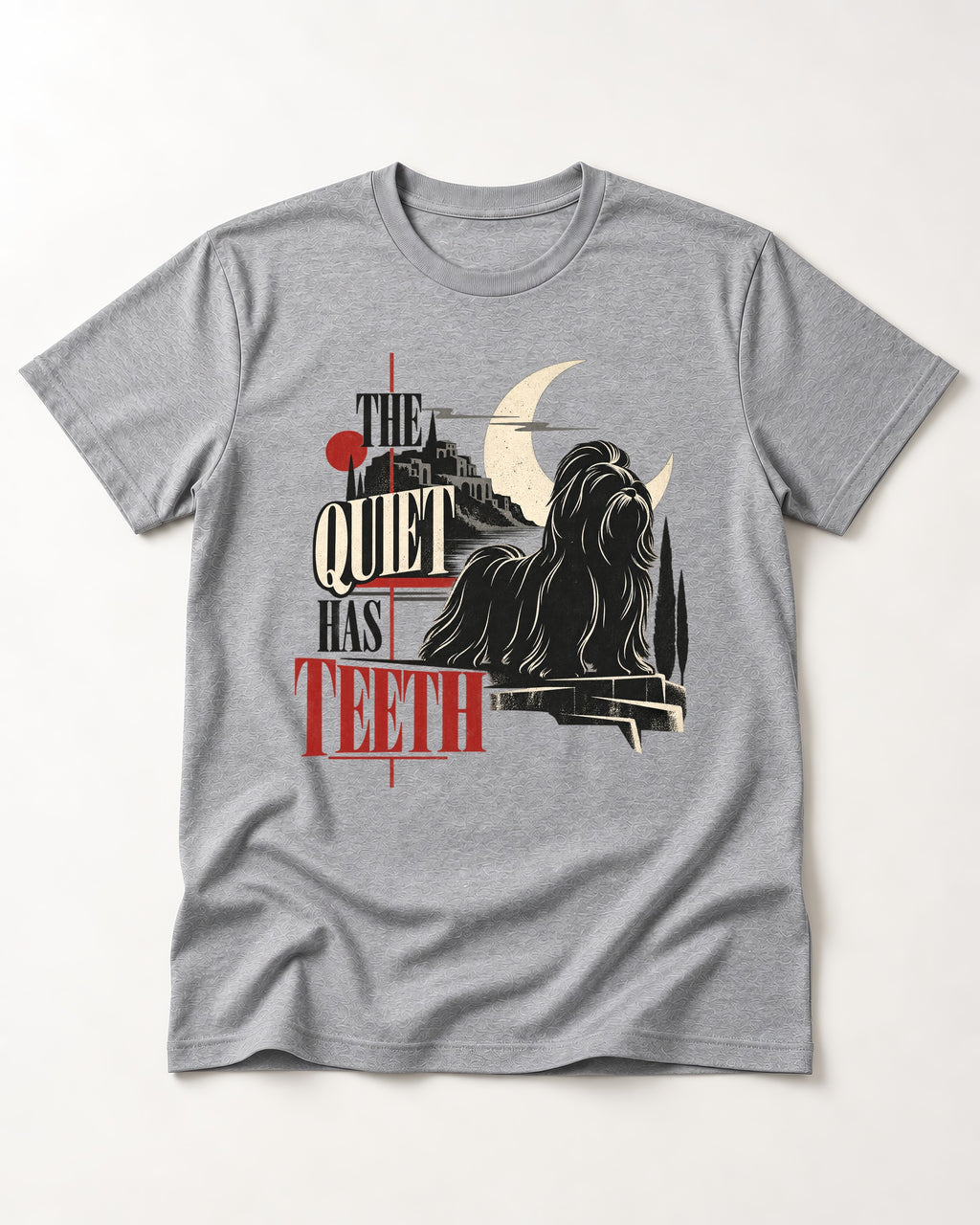The Quiet Shih Tzu Has Teeth T-Shirt in Sport Grey, flat lay product photo
