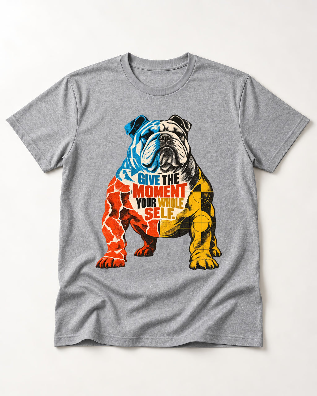 English Bulldog Give Your Whole Self T-Shirt in Sport Grey, flat lay product photo