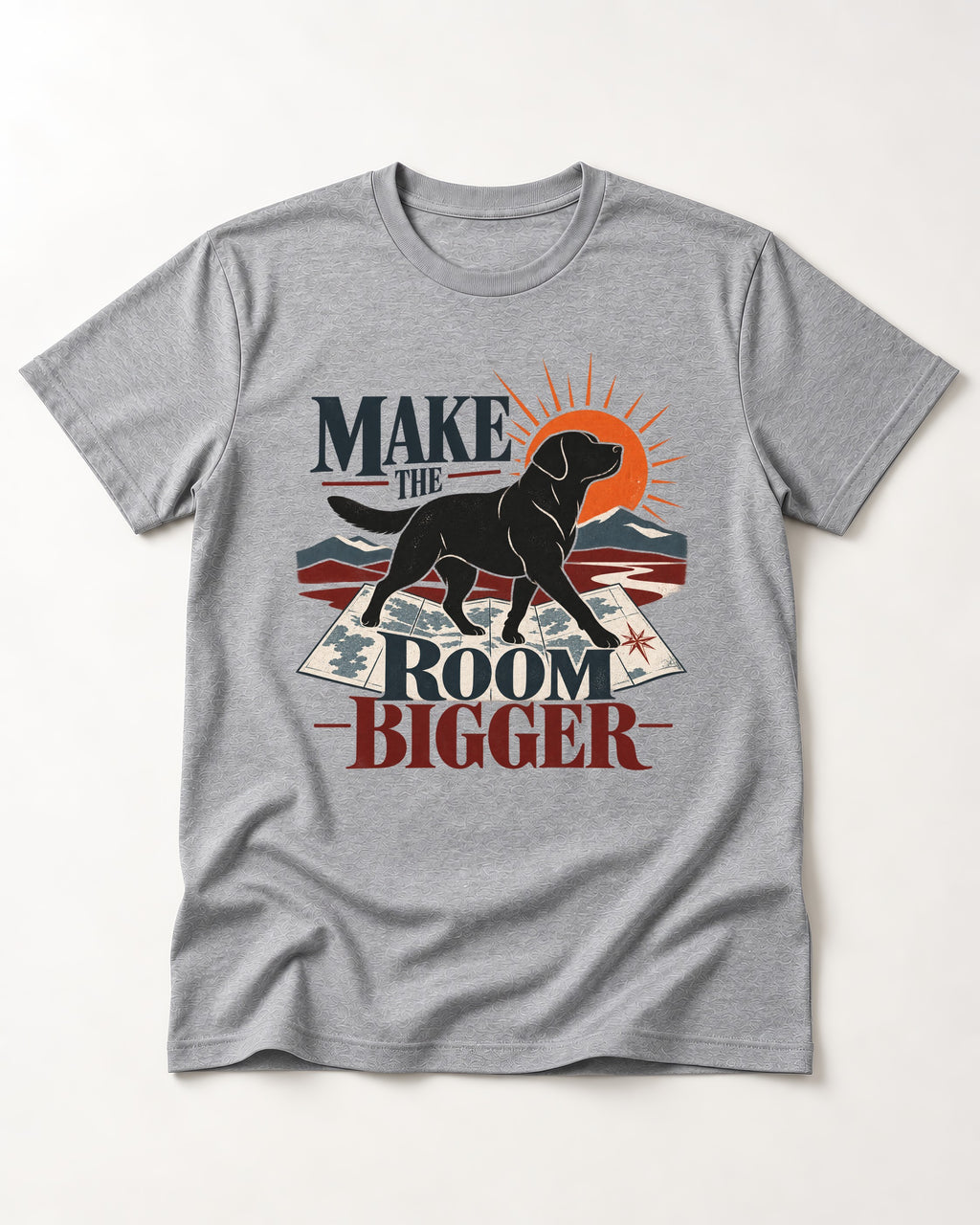 Make the Room Bigger Labrador Retriever T-Shirt in Sport Grey, flat lay product photo