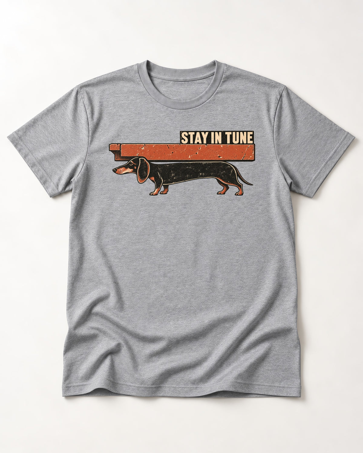 Dachshund Stay in Tune T-Shirt in Sport Grey, flat lay product photo