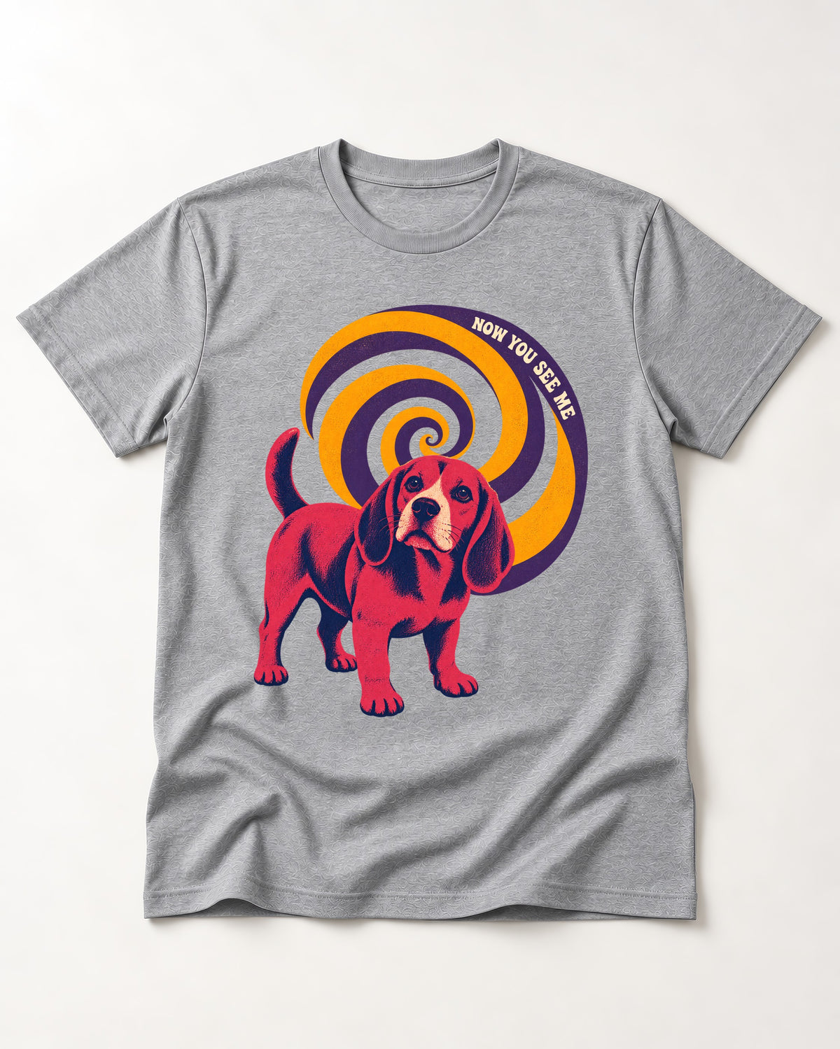 Now You See Me Beagle Spiral T-Shirt in Sport Grey, flat lay product photo