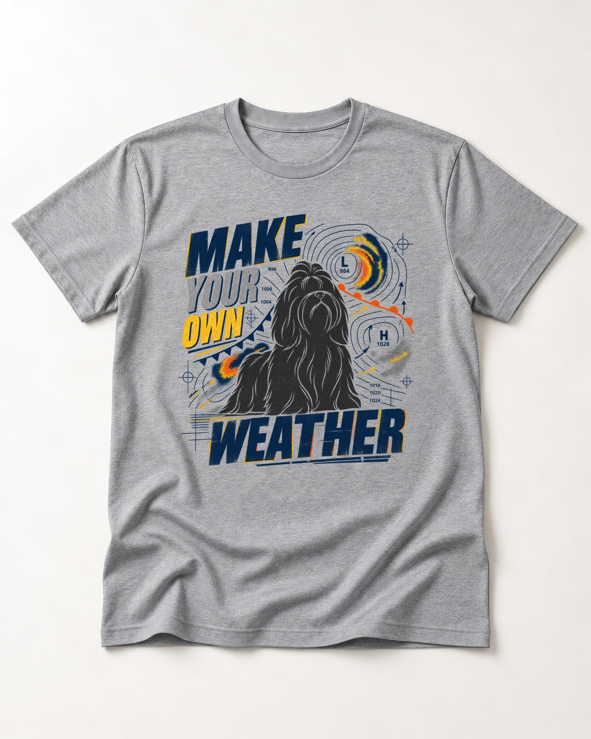 Shih Tzu Make Your Own Weather T-Shirt in Sport Grey, flat lay product photo