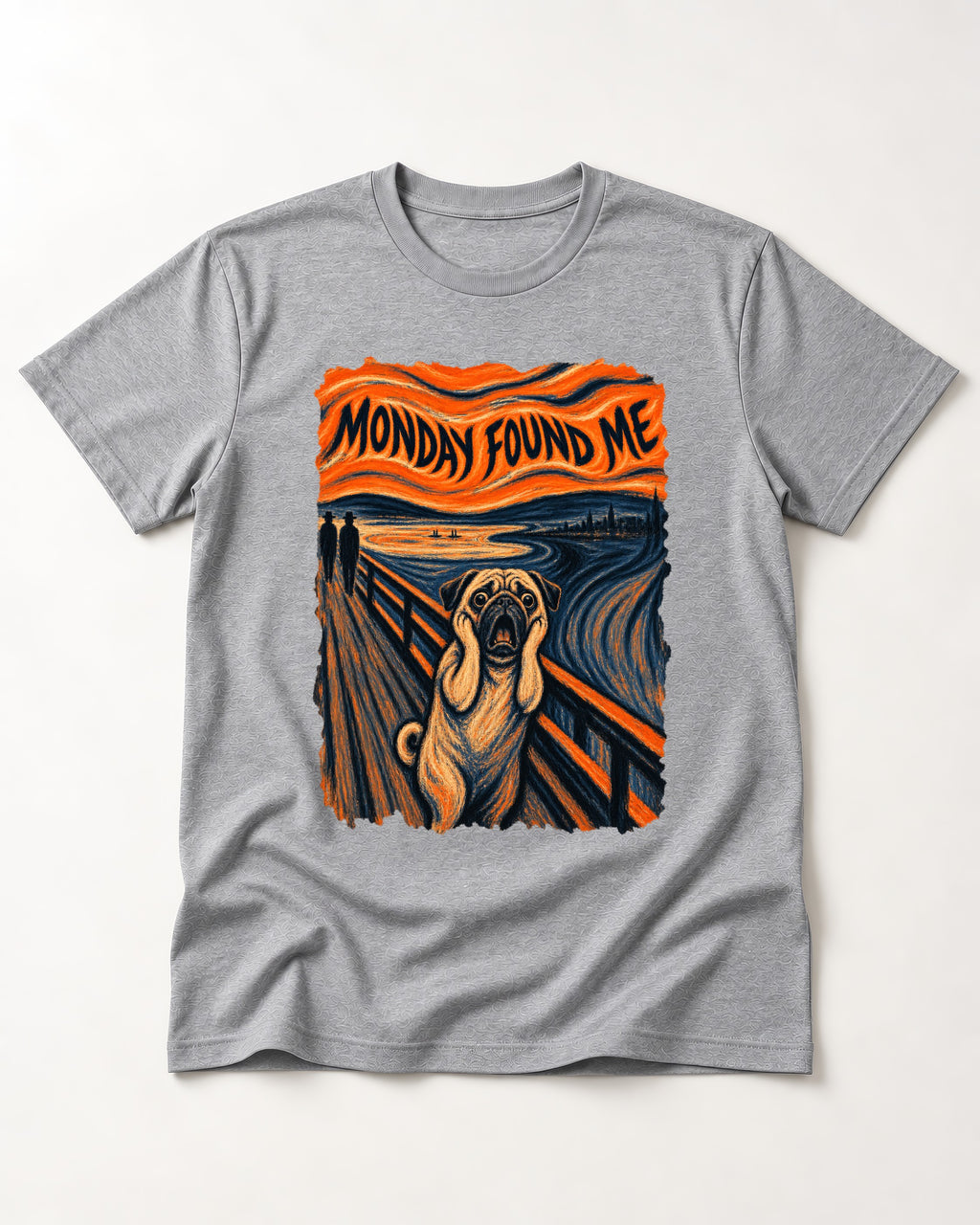 Pug Monday Found Me Scream Parody Graphic T-Shirt in Sport Grey, flat lay product photo