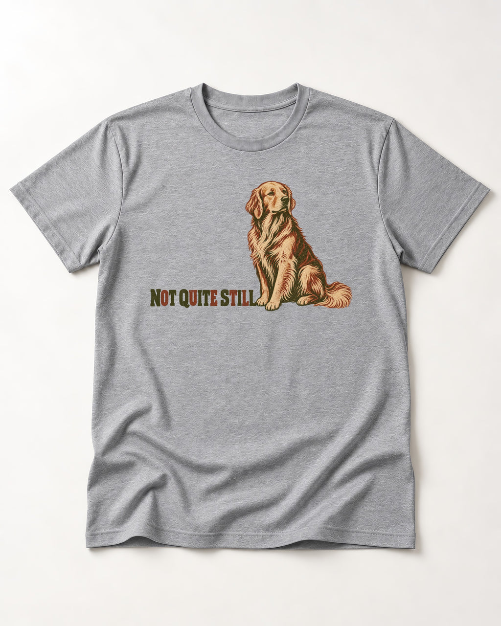 Golden Retriever Not Quite Still T-Shirt in Sport Grey, flat lay product photo