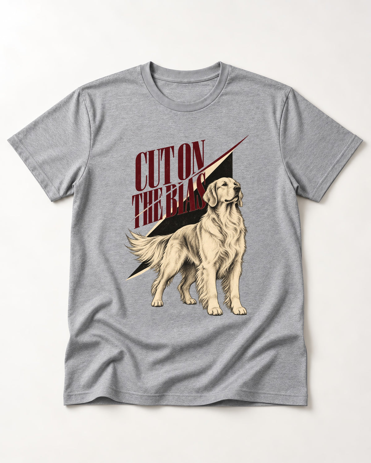 Cut on the Bias Golden Retriever T-Shirt in Sport Grey, flat lay product photo