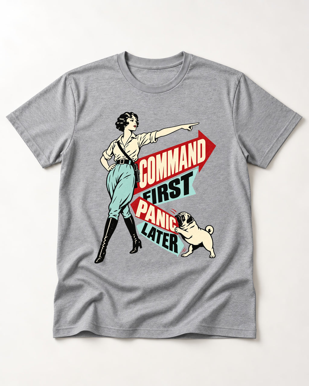 Pug Command First Panic Later Directional Graphic T-Shirt in Sport Grey, flat lay product photo