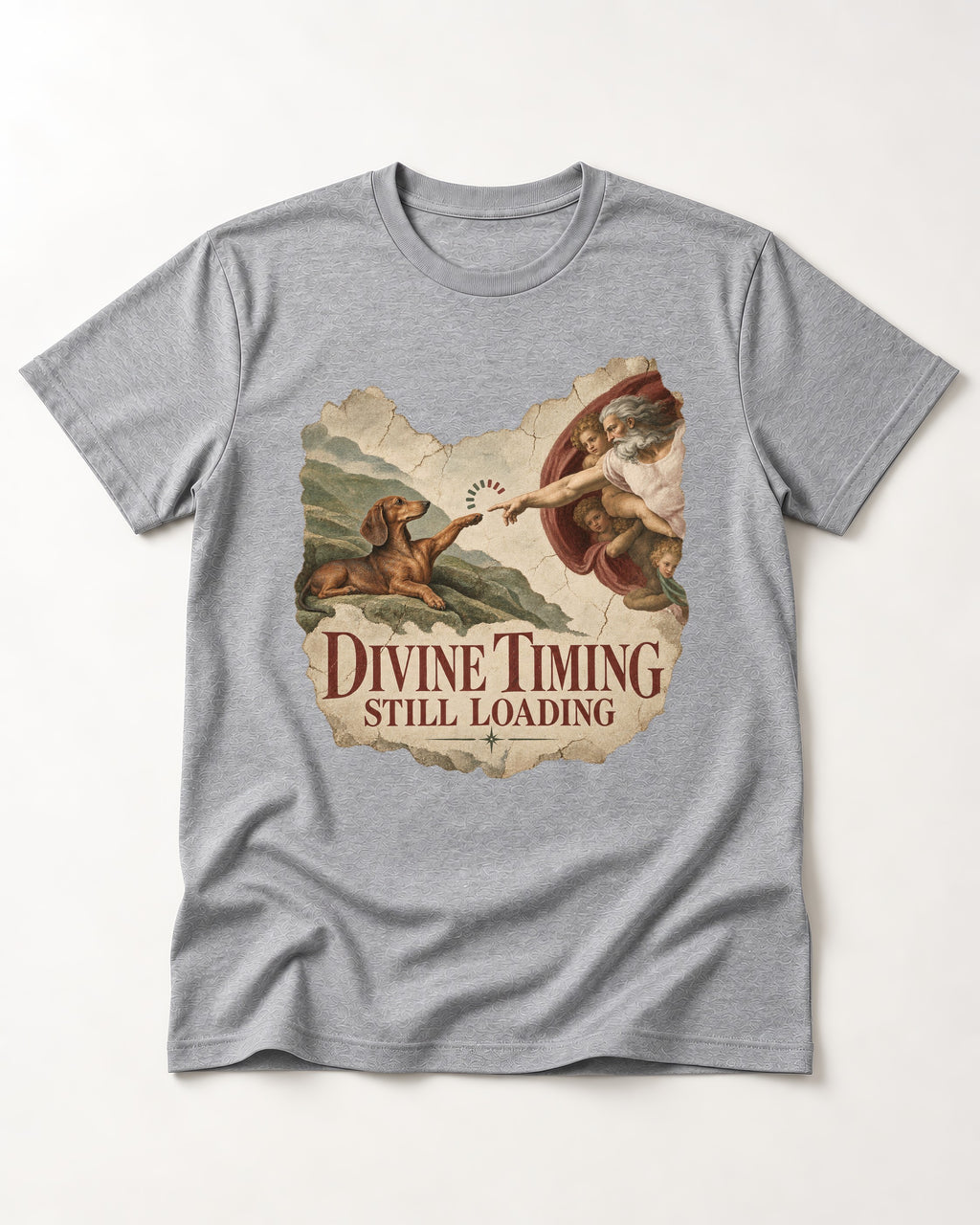 Dachshund's Divine Timing T-Shirt in Sport Grey, flat lay product photo