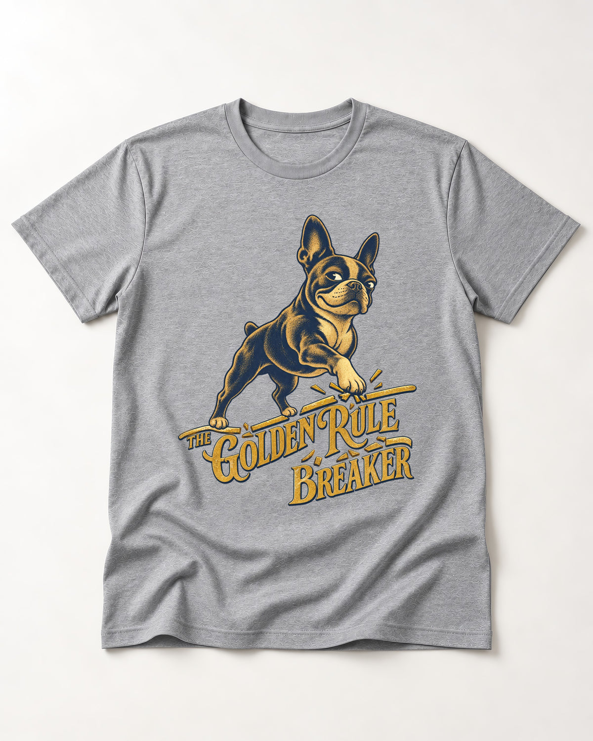 Boston Terrier Golden Rule Breaker T-Shirt in Sport Grey, flat lay product photo