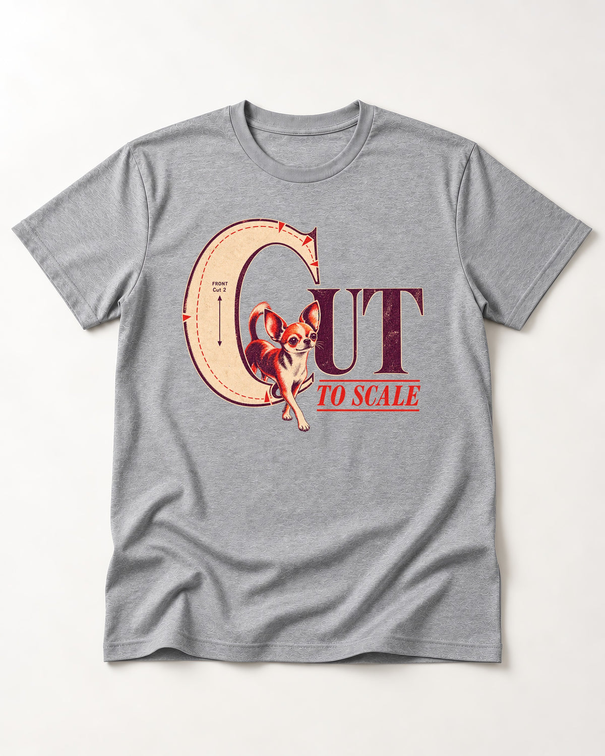 Chihuahua Cut to Scale Sewing Pattern Graphic T-Shirt in Sport Grey, flat lay product photo